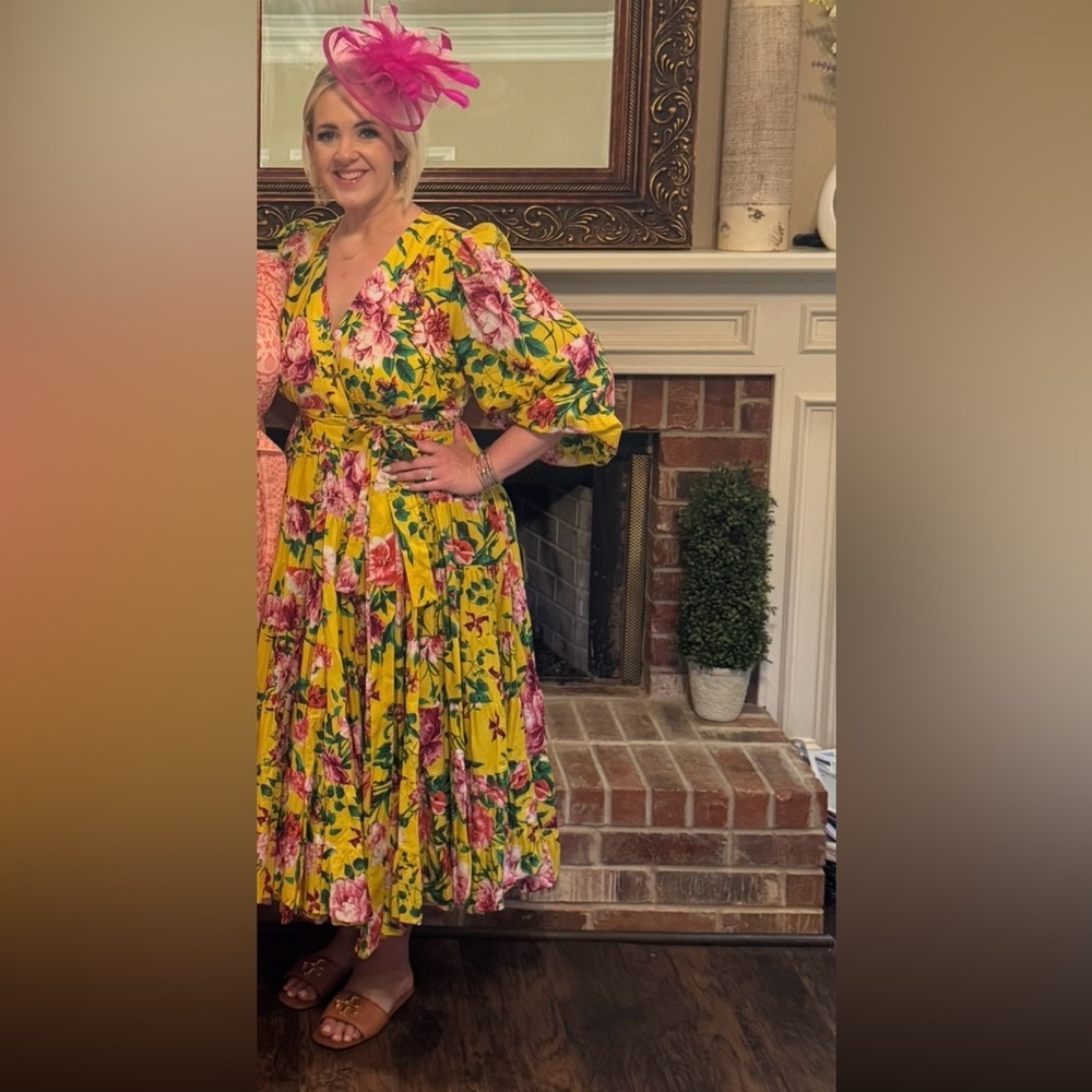 Gibson & Latimer Floral Yellow wrap Dress with Pink Accents